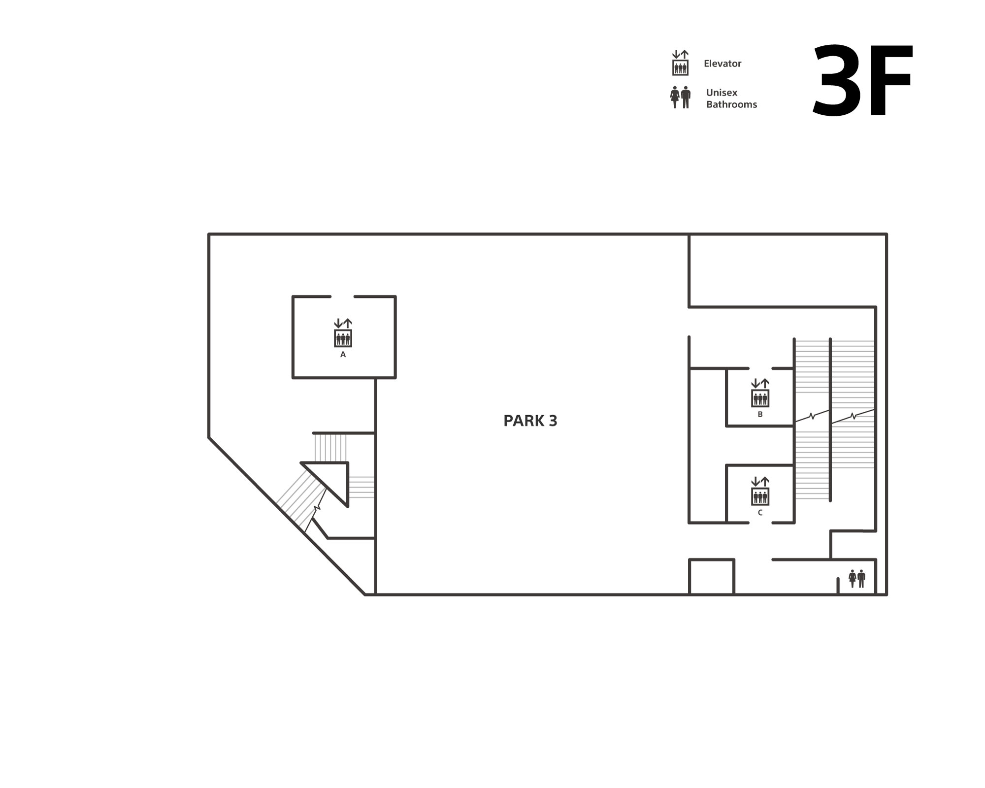 The third floor has activity area PARK 3. There are elevators (A, B, C), a unisex bathroom, and stairs.