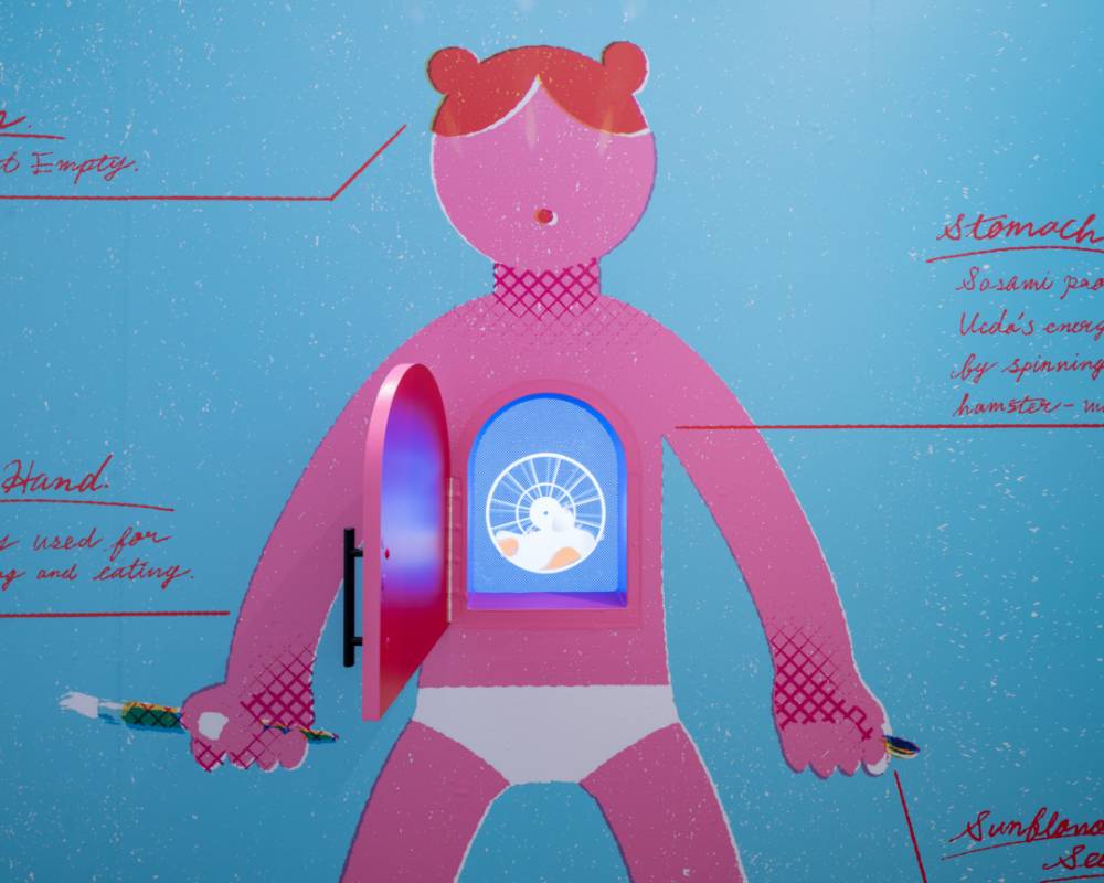 Exhibit item. The body of the main character from the manga UEDA & SASAMI is displayed prominently on the wall, with a hamster projected onto a monitor inside of a small door on her stomach.