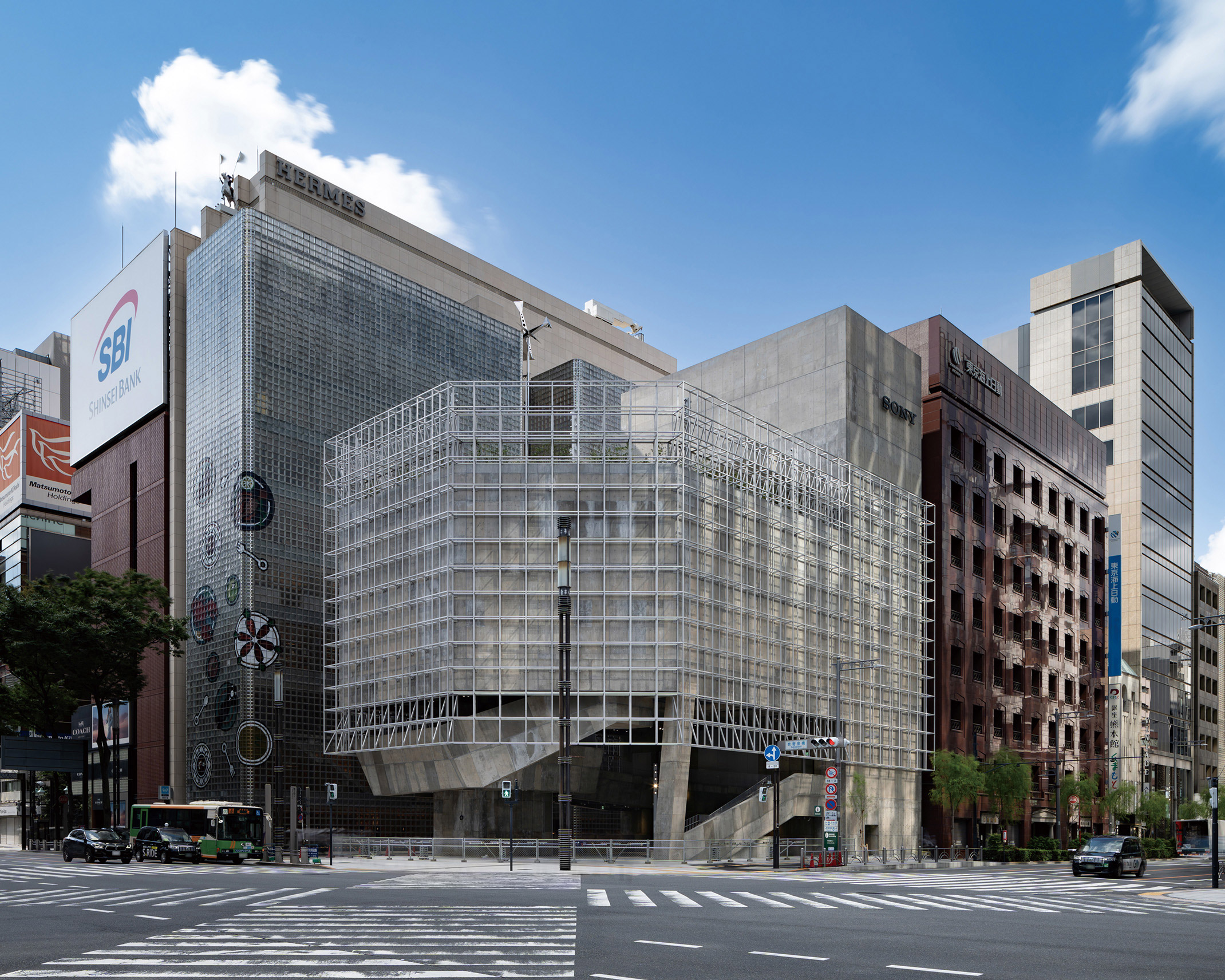 Exterior. Ginza Sony Park as seen from Sukiyabashi Crossing.